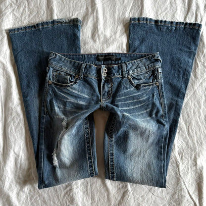RUE21 Low-Rise Medium Wash Ripped Flared Jeans - Size XS