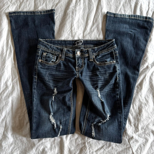 Soundgirl Low-Rise Ripped Dark Wash Bootcut Jeans - Size XXS