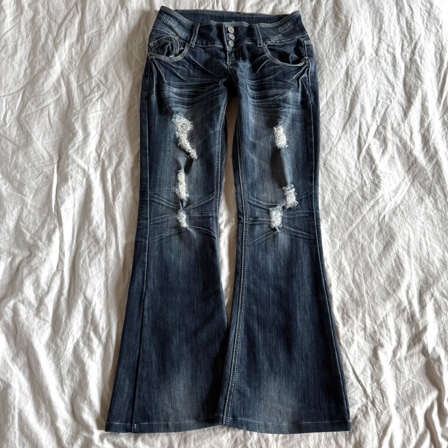 Almost Famous Low-Rise Dark Wash Ripped Flared Jeans - Size XS