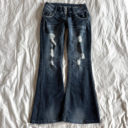 Almost Famous Low-Rise Dark Wash Ripped Flared Jeans - Size XS