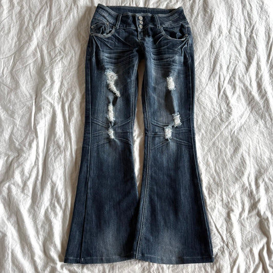 Almost Famous Low-Rise Dark Wash Ripped Flared Jeans - Size XS