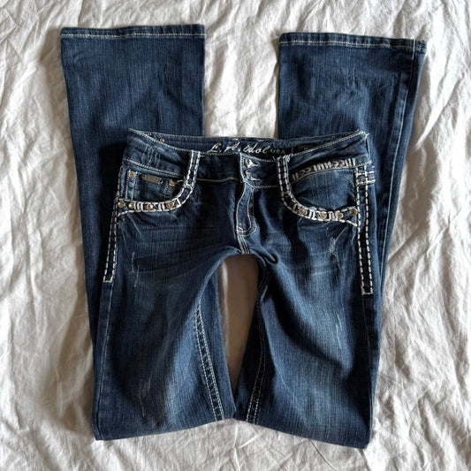 LA IDOL Low-Rise Dark Wash Bootcut Jeans - Size XXS/XS