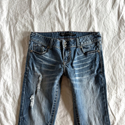 RUE21 Low-Rise Medium Wash Ripped Flared Jeans - Size XS