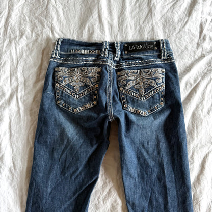 LA IDOL Low-Rise Dark Wash Bootcut Jeans - Size XXS/XS