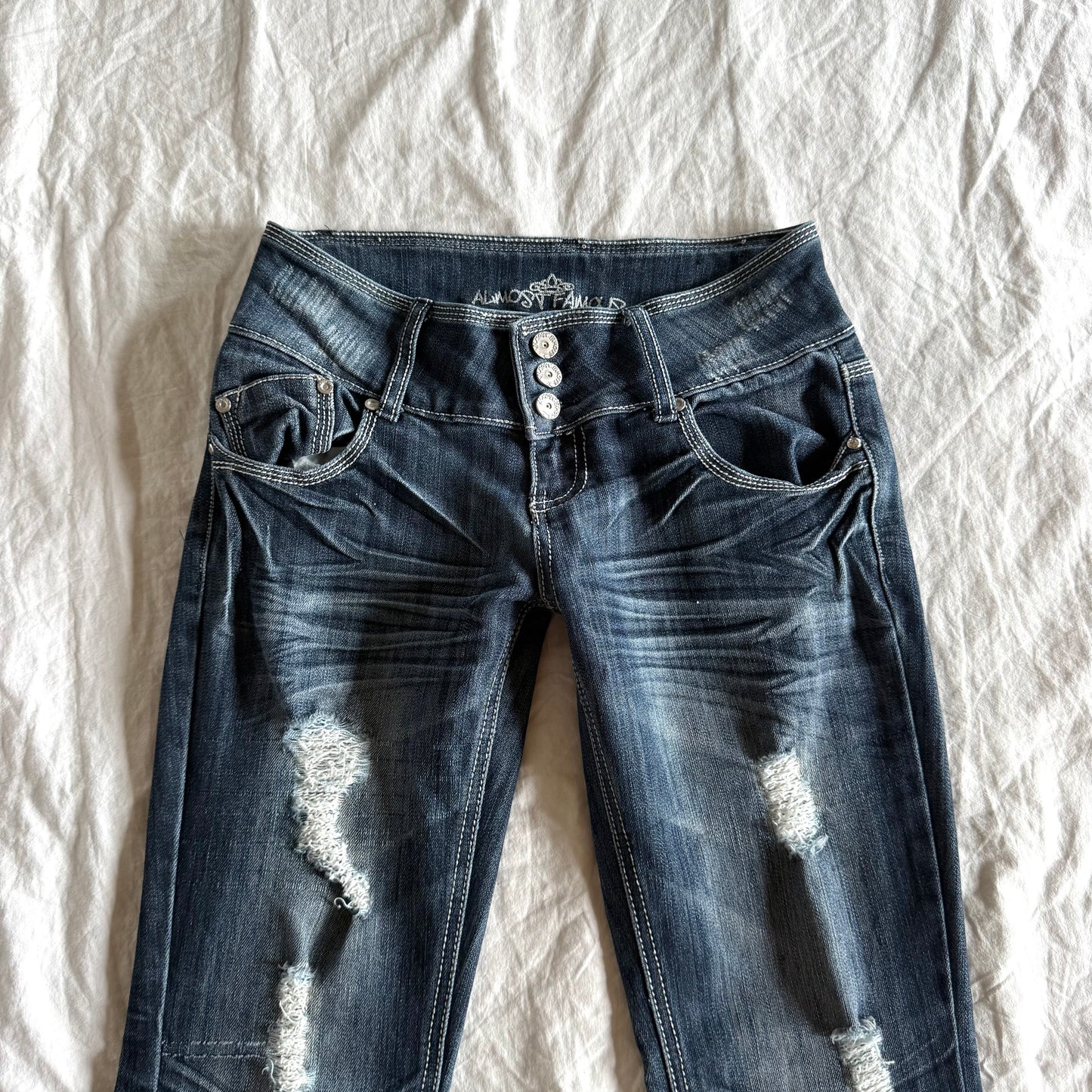 Almost Famous Low-Rise Dark Wash Ripped Flared Jeans - Size XS