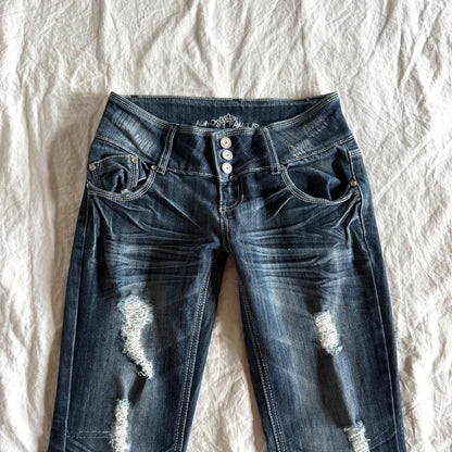 Almost Famous Low-Rise Dark Wash Ripped Flared Jeans - Size XS