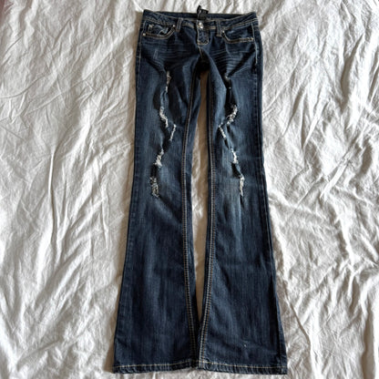 Soundgirl Low-Rise Ripped Dark Wash Bootcut Jeans - Size XXS