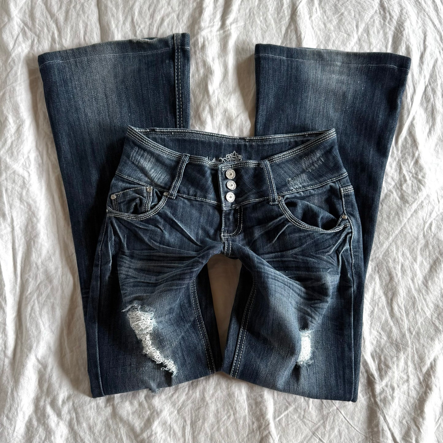 Almost Famous Low-Rise Dark Wash Ripped Flared Jeans - Size XS