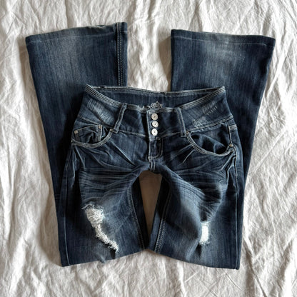 Almost Famous Low-Rise Dark Wash Ripped Flared Jeans - Size XS