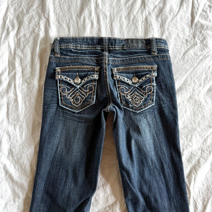 Soundgirl Low-Rise Ripped Dark Wash Bootcut Jeans - Size XXS